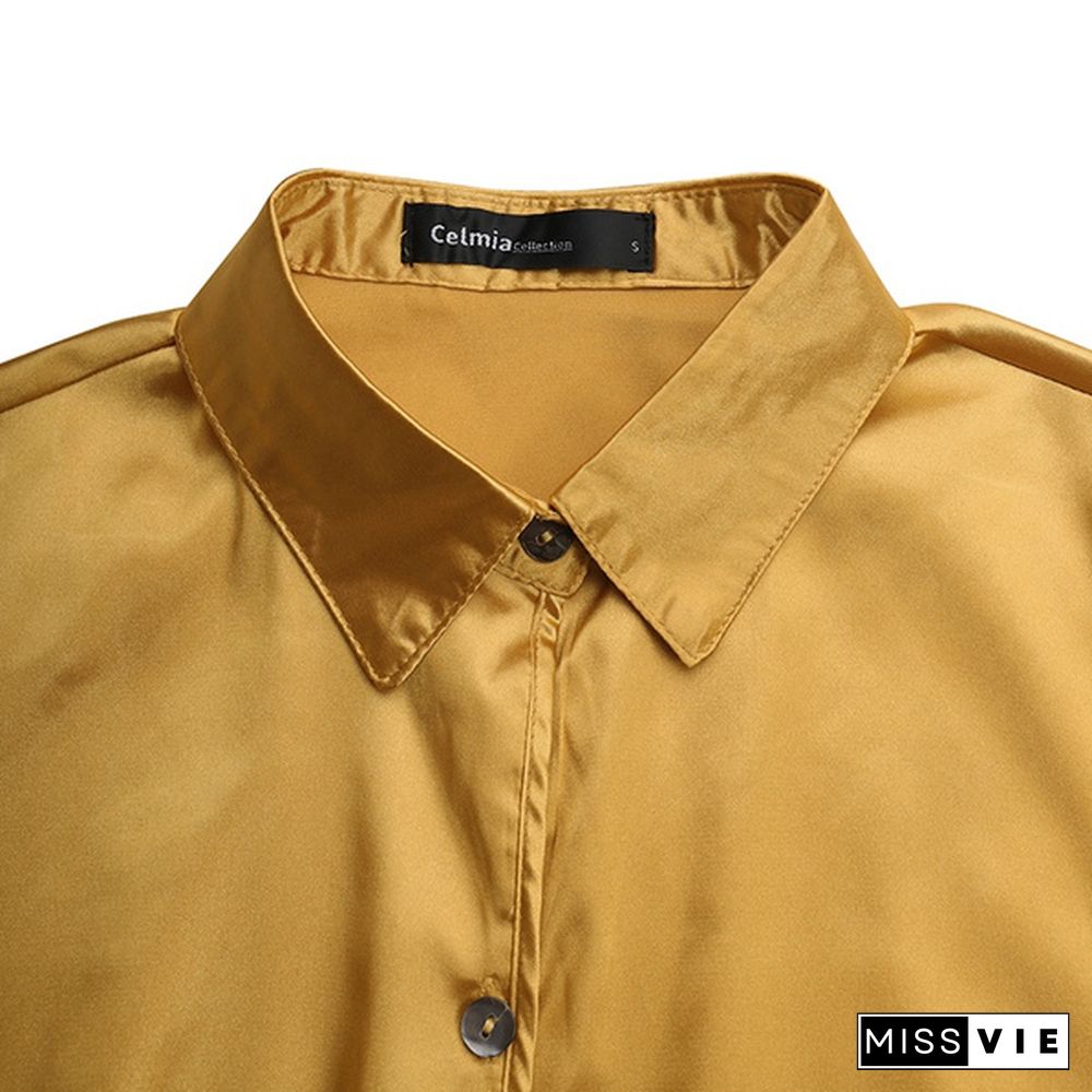 Autumn Women Silk Satin Long Sleeve Lapel Collar Shirt Tops Button Down Laides Casual Elegant Blouse Tops