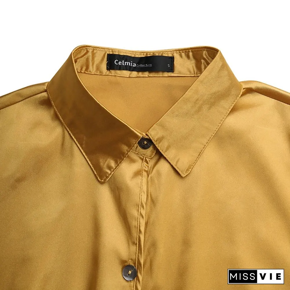 Autumn Women Silk Satin Long Sleeve Lapel Collar Shirt Tops Button Down Laides Casual Elegant Blouse Tops