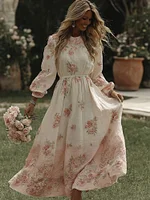 Women's Vintage Pink Rose Art Flowy Maxi Dress