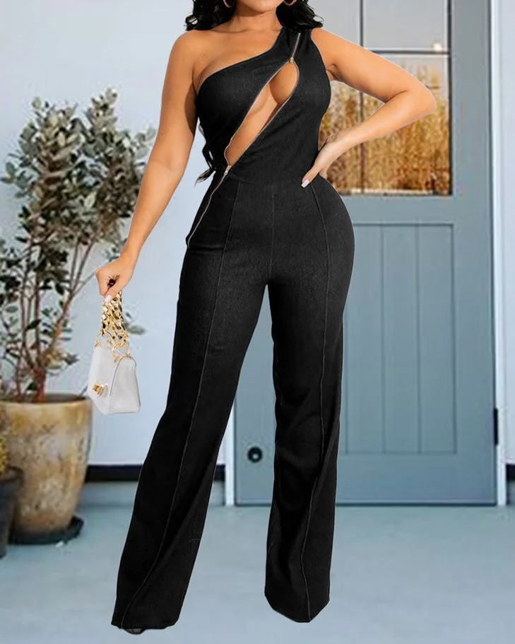 Solid color jumpsuit with cut-out front zipper