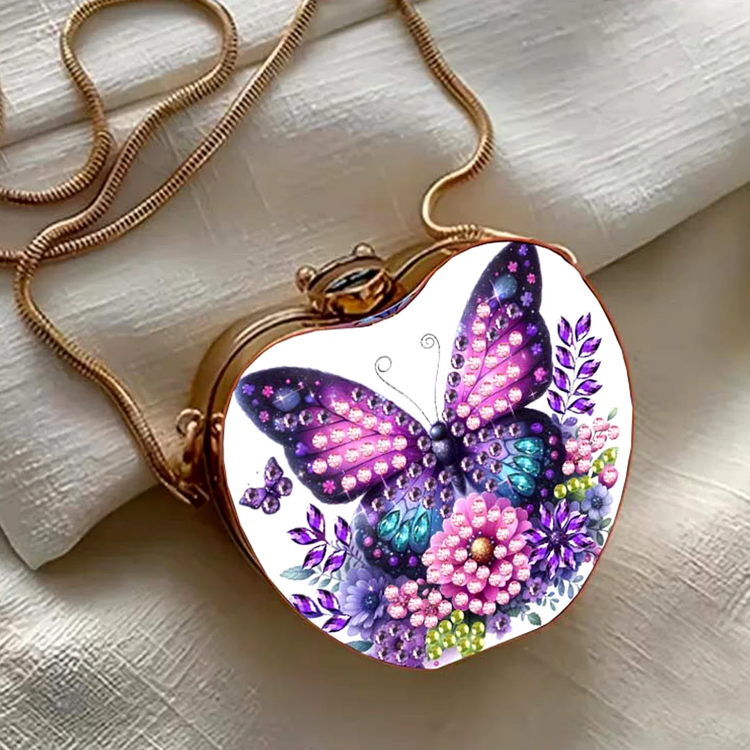 Purple Butterfly DIY Acrylic Love Diamond Art Painting Card Case Wallet with Chain Small Diamond Painting Crossbody Bag for Adults Women Girls Gift