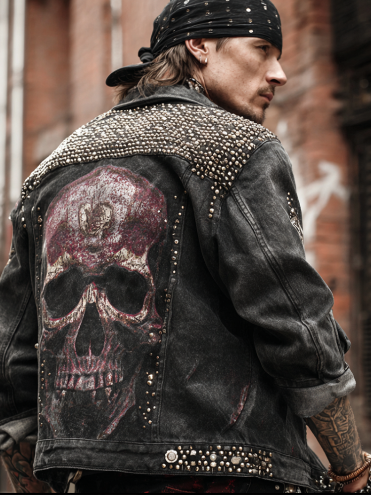 Rock Punk Skull Rivet Element Retro Distressed Heavy-duty Men's Denim Jacket