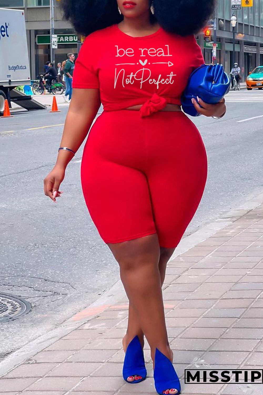 Red Fashion Casual Print Basic O Neck Plus Size Two Pieces
