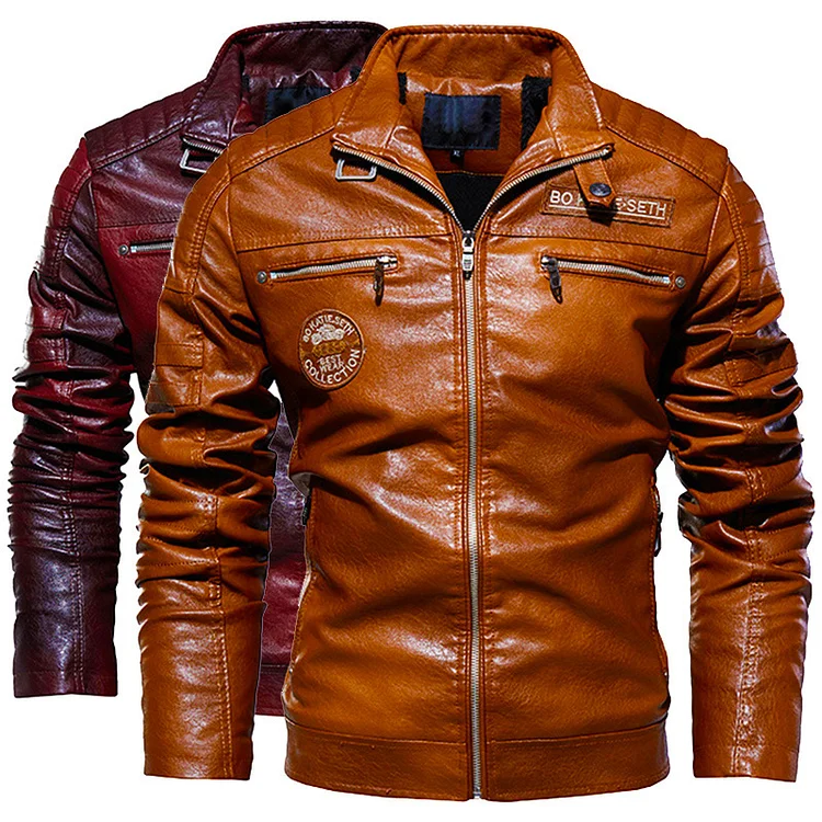 Men's  Stand Collar Zip Embroidered PU Leather Jacket