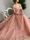 Pink Rouge 3D Flowers Ball Gown A Line Formal Dress Floral Embroidery Unique Garden Dresses Off The Shoulder Elopement Floor Length Tulle
