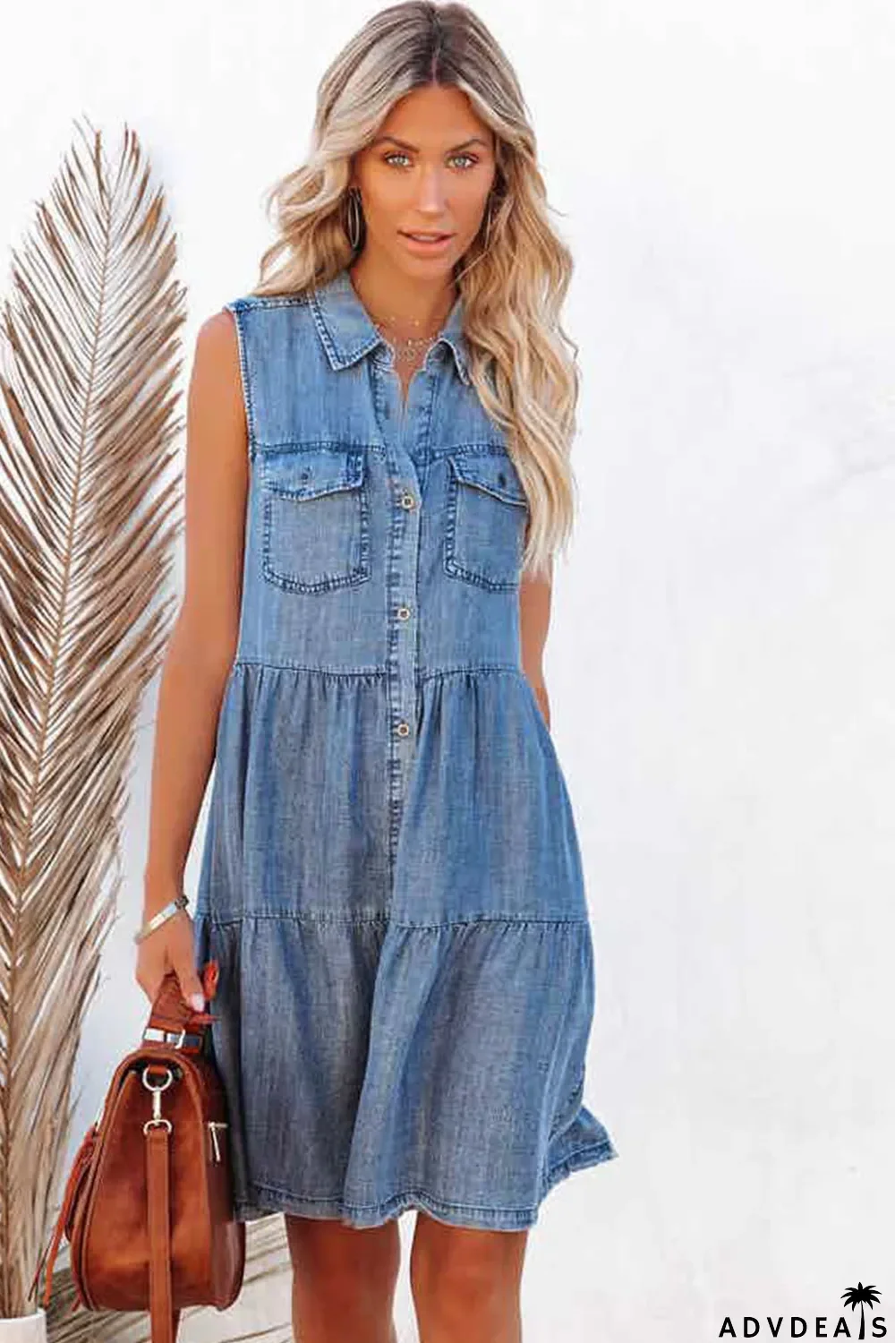 Sky Blue Flap Pockets Button up Sleeveless Denim Dress