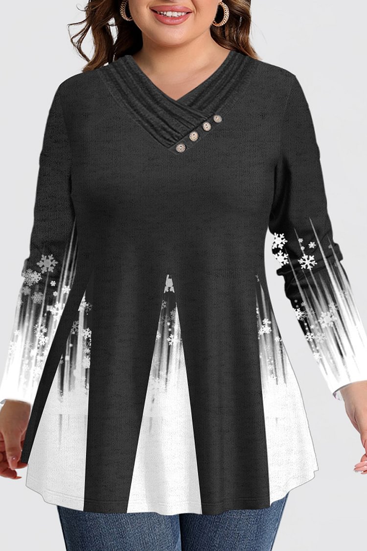Flycurvy Plus Size Black Pleated Ombre Snowflake Print Patchwork Cowl Neck Blouse  Flycurvy [product_label]