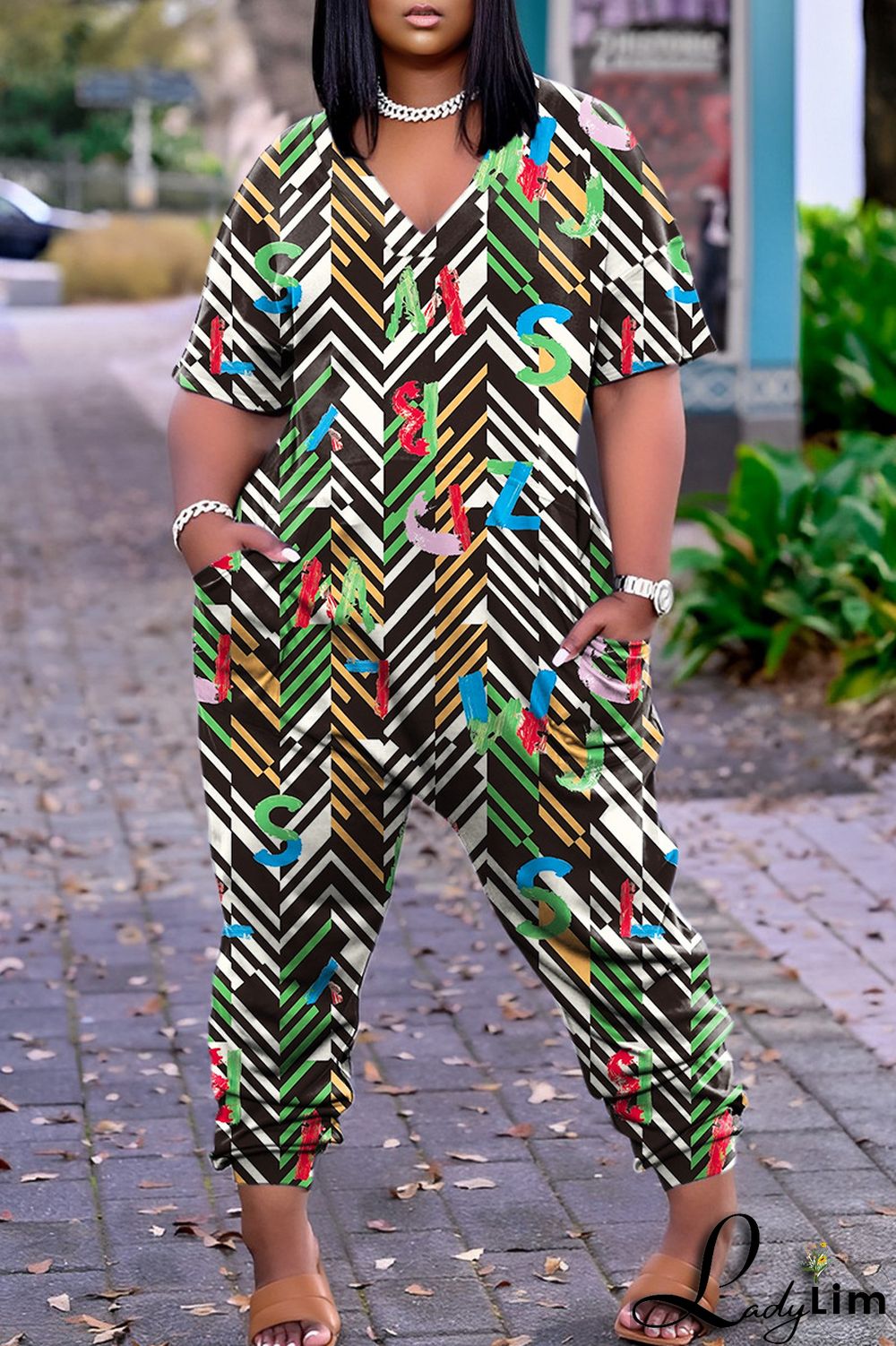 Pink Casual Print Patchwork V Neck Regular Jumpsuits