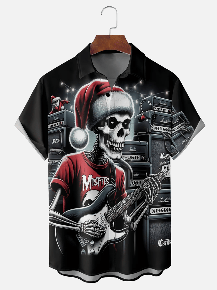 Christmas Skull Guitar Print Short Sleeve Shirt