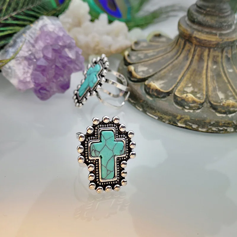 Silver Plated Cross Turquoise Ring