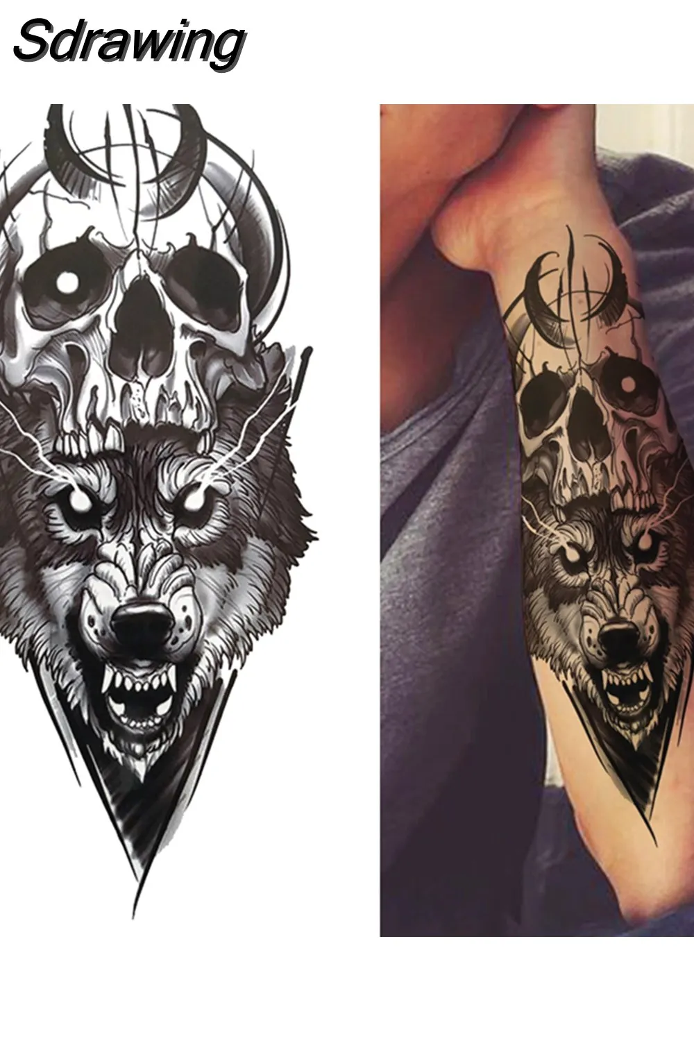 Sdrawing Lion Temporary Tattoo For Women Men Adult Skull Tiger Wolf Forest Tattoo Sticker Black Fake Realistic Demon Tatoos Forearm 430-1