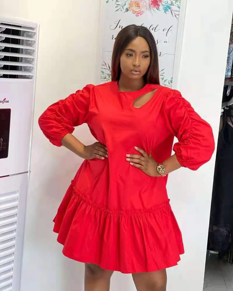 CM.YAYA Women Dress Solid Full Puff Sleeve O-neck Cut Out Zip Ruffles Loose Mini Dresses Fashion Casual Vestidos Summer Outfits