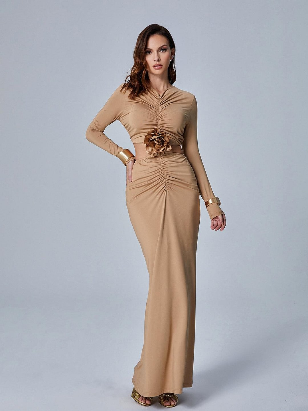 Thomasin Long Sleeve Ruched Cutout Maxi Dress
