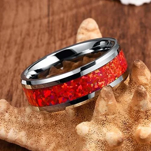 6MM 8MM Women's Or Men's Red Opal Inlay Mens Tungsten Carbide Wedding Matching Rings with Silver Tone Comfort Fit High Polished