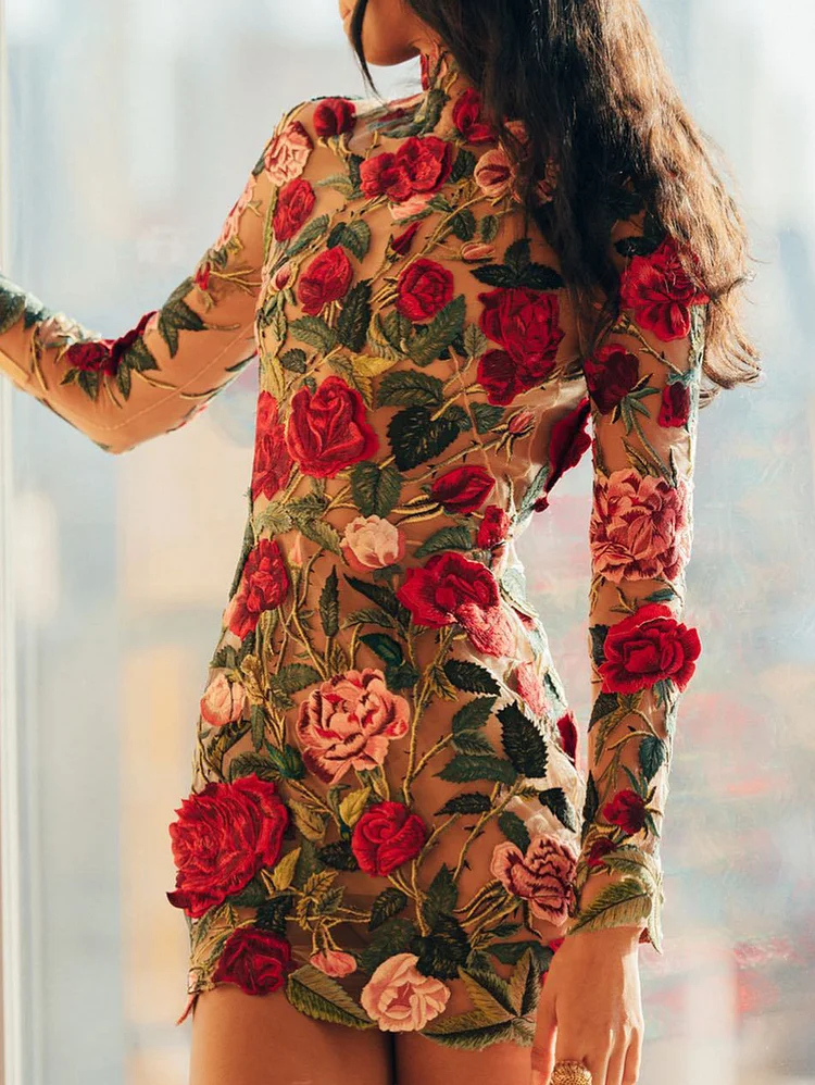 Fashion Mock Neck Floral Embroidery Long Sleeve Mini Dress