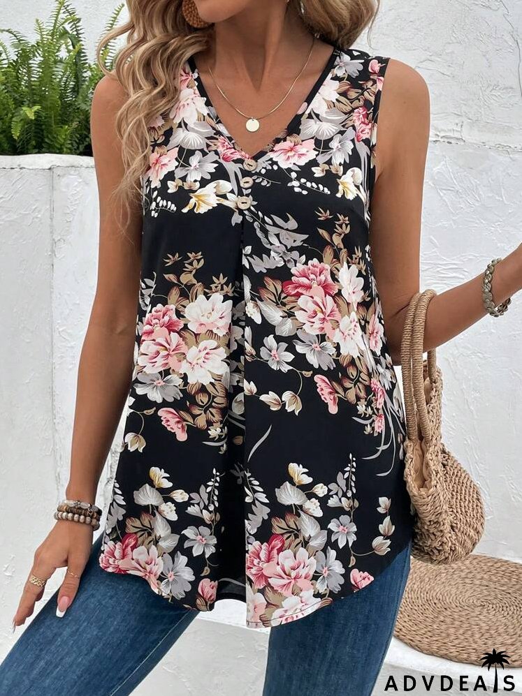 Floral Printed V-Neck Sleeveless Vest Top For Women, Summer