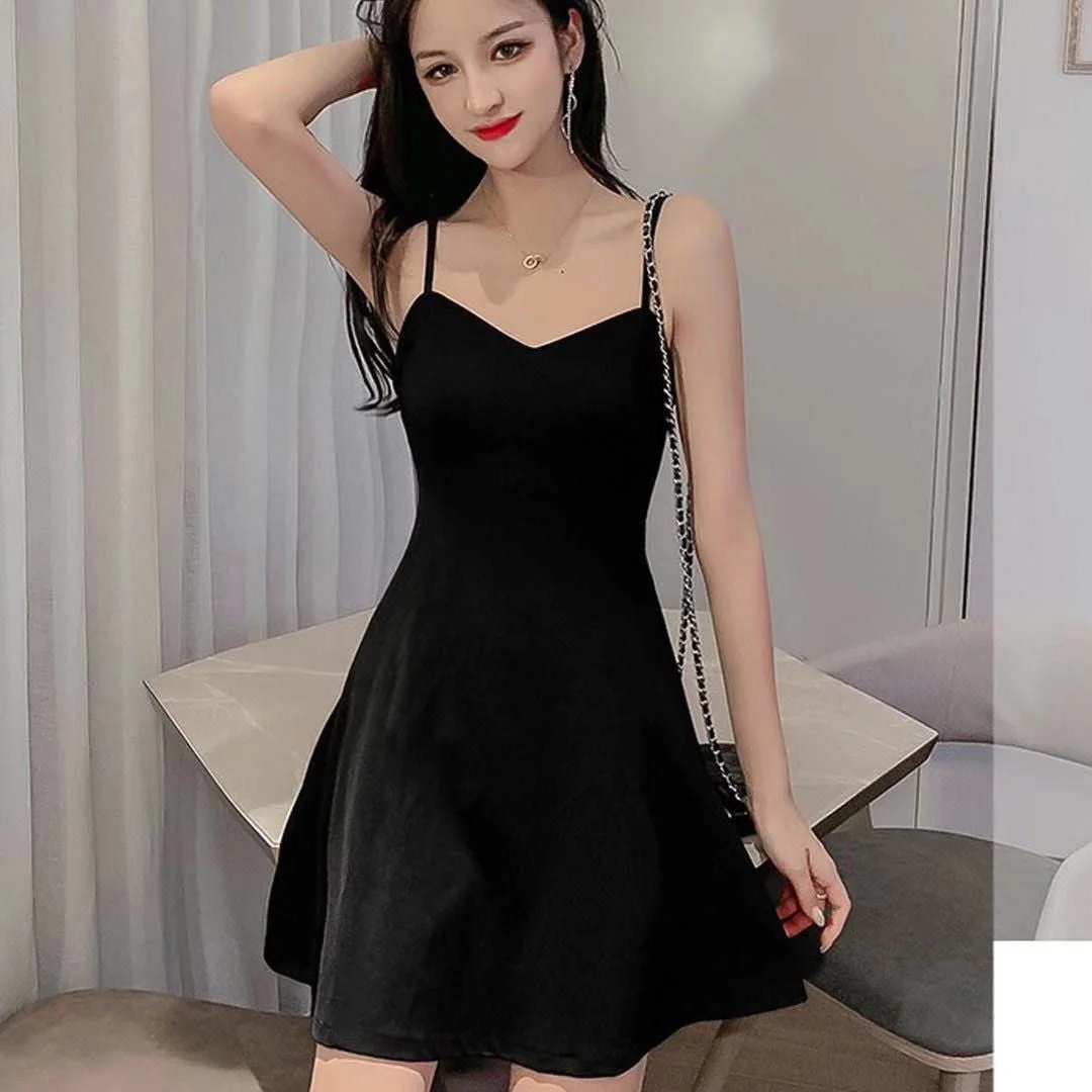 Dress Women Spaghetti Strap Sexy Ladies Abdomen A-line Mini Black Sundress Inside Korean Style Club Street Elegant Solid Trendy