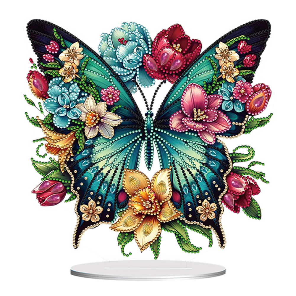 5D DIY Flower Butterfly Acrylic Single-Sided Diamond Painting Tabletop Ornament Kit for Office Desktop Decor