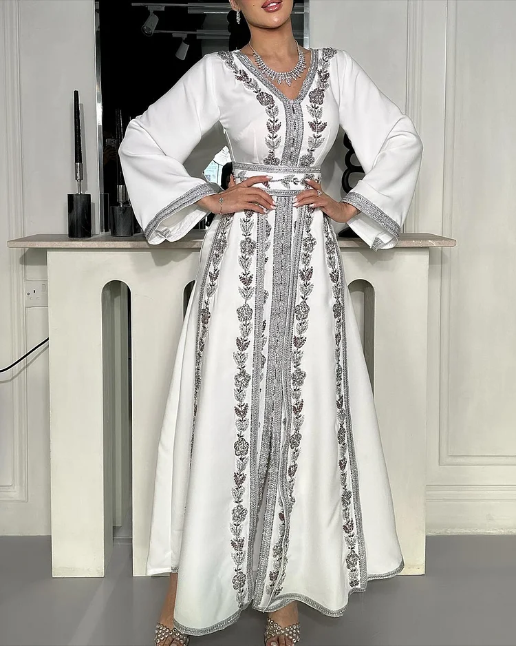 Women's V-Neck Long Sleeve Embroidered Kaftan Dress