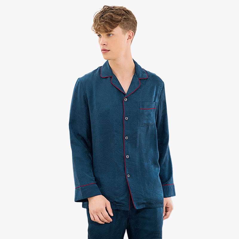 22MOMME Pyjama en soie imprimé feuillage col cranté homme Bleu marine 1