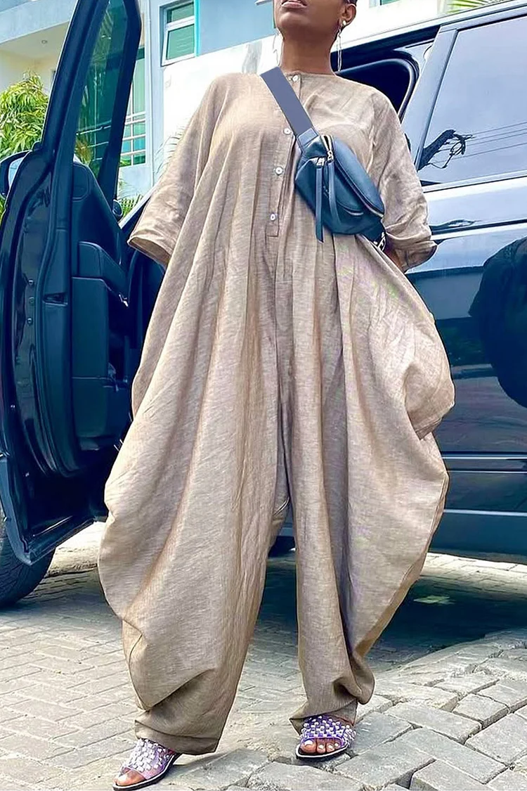 Plus Size Daily Khaki Casual Round Neck Half Sleeve Pocket Jumpsuits [Pre-Order] 2024 - Xpluswear