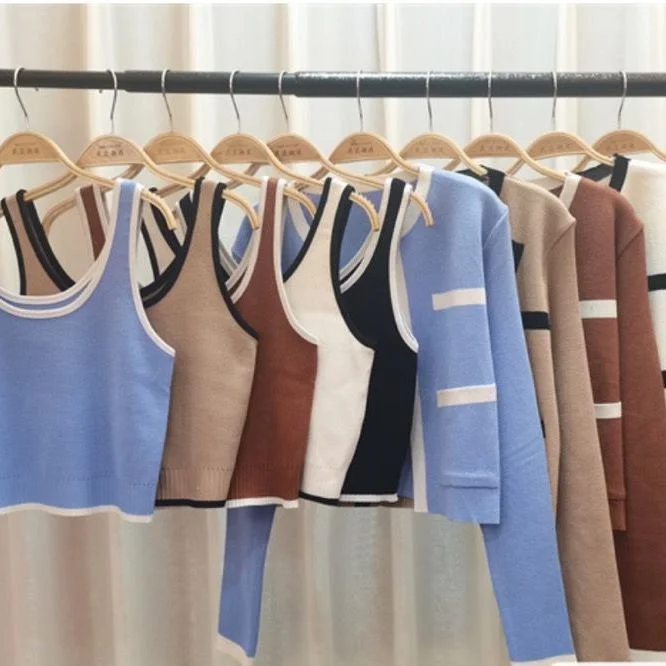 Uveng Uveng Bing Color Knitted Jersey Coat Women's Small Fragrant Summer New Sling Vest Short Top Two Sets