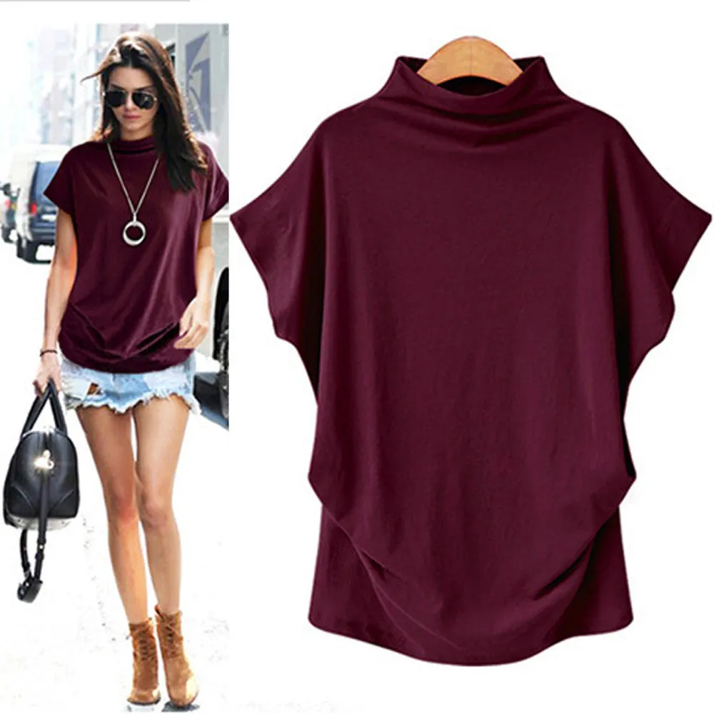 Brownm Commute Large Size Women's Half Turtleneck Batwing Sleeve Solid Color Polyester Top
