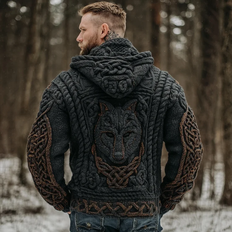 Men's Vintage Viking Wolf Celtic Knot Art Chunky Knit Hooded Zip-up Sweater