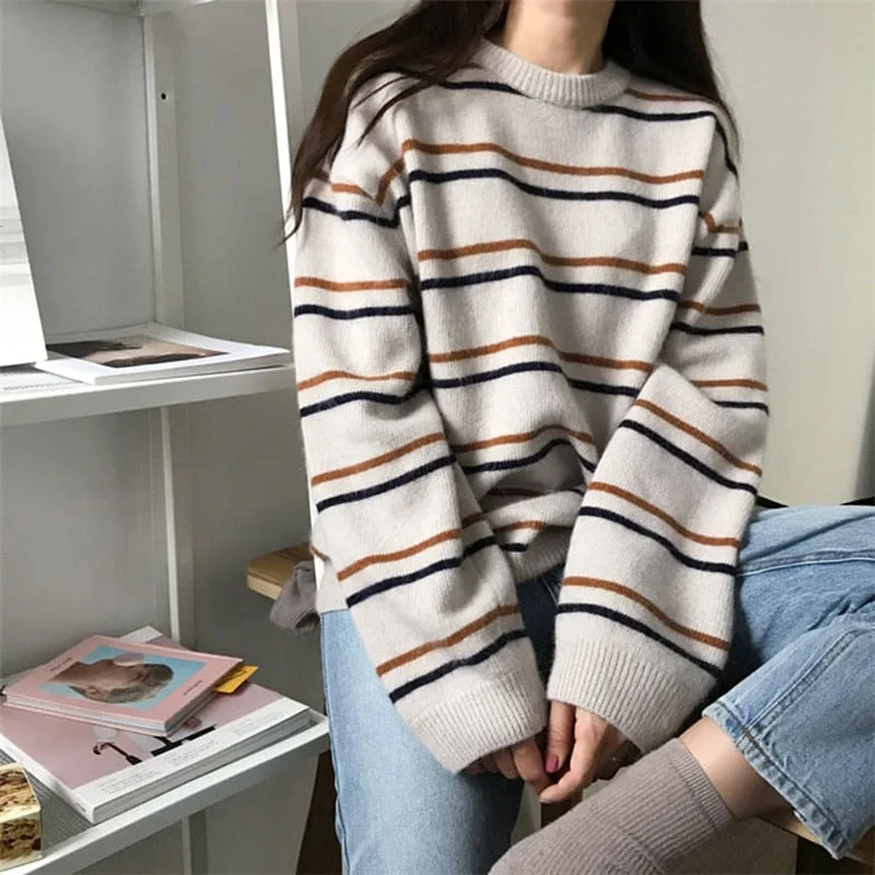 Pullovers Women Soft Autumn Sweaters Daily Tops Womens Pullover Sweet Student Striped Harajuku Knitted Loose Outwear Sweater