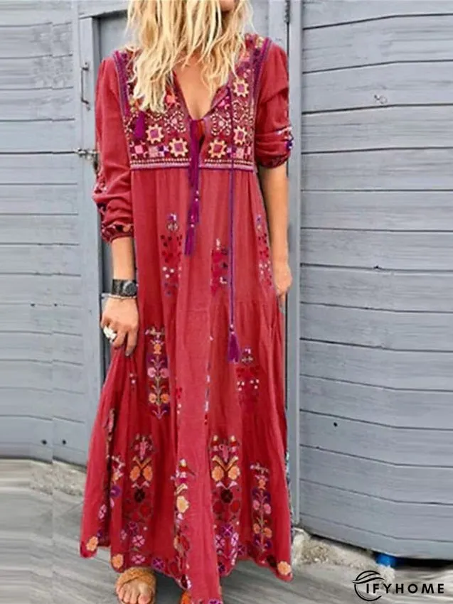 Bohemia Casual Dress Shift Boho Long Maxi Red Blue Brown Sleeve Floral Print Summer Fall | IFYHOME