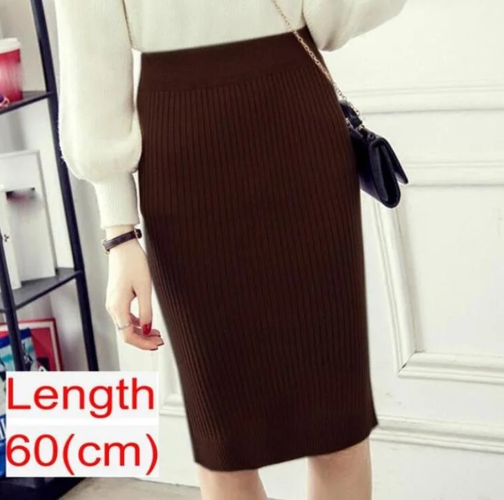 Women Knitted Pencil Skirts Slim Solid Basic Ladies Office High Waist Elegant Midi Skirt 2020 Autumn Winter Warm Womens Skirts
