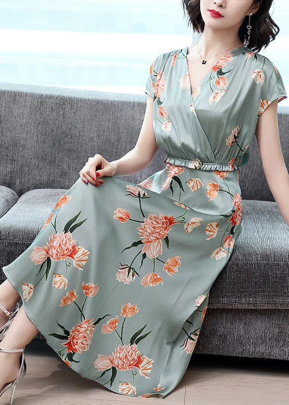 Style Light Green Cinched Print Silk Vacation Dresses Summer