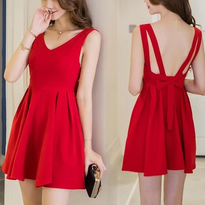 Cute V Neck Short Dress With Bow, Summer Dress, Party Dress SP15532