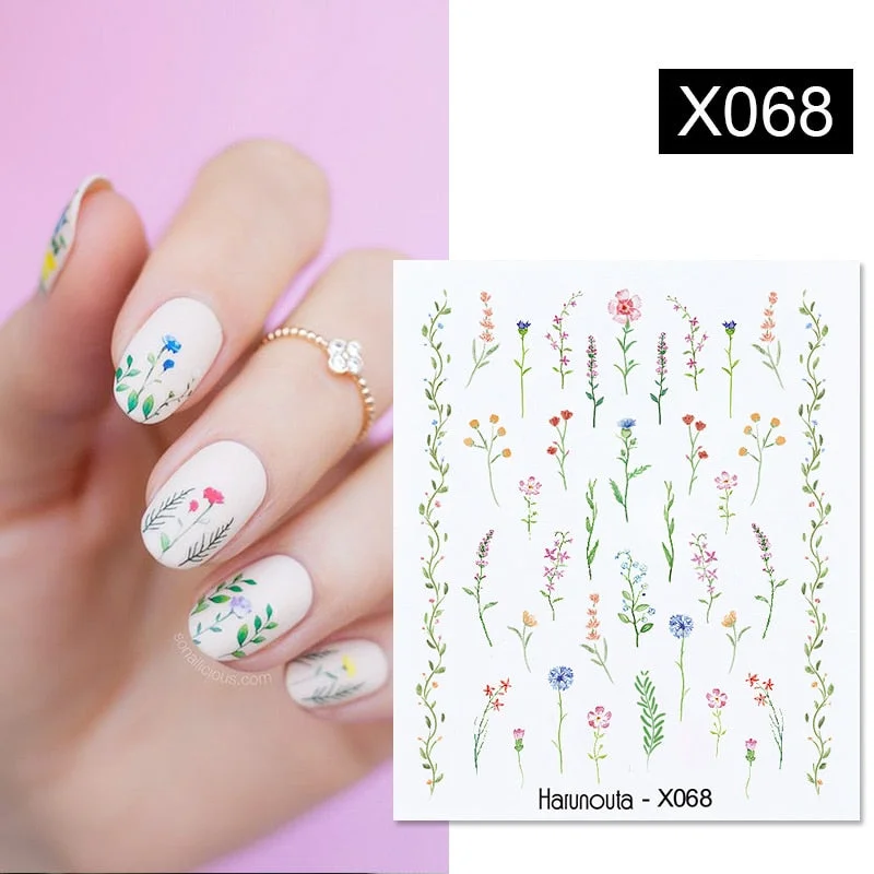 Harunouta Geometric Lines Flower Leaf Water Decals Spring Summer Fruit Floral Butterfly Stickers Paper For Nails DIY Decoration