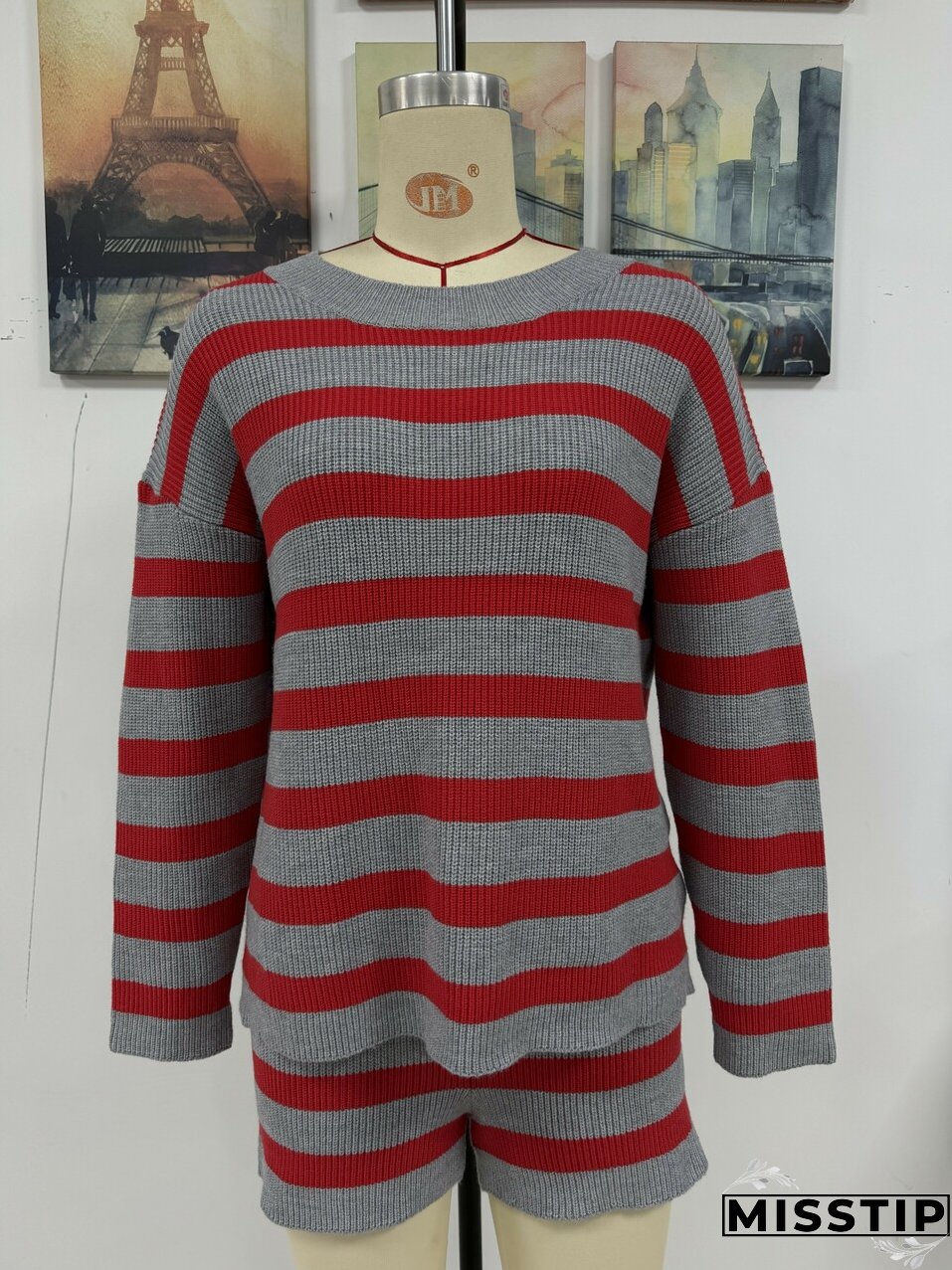 Women Stripe Patchwork Round Neck Casual Knitting Sweater and Shorts Two-piece Set