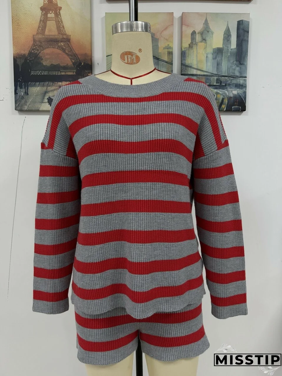 Women Stripe Patchwork Round Neck Casual Knitting Sweater and Shorts Two-piece Set