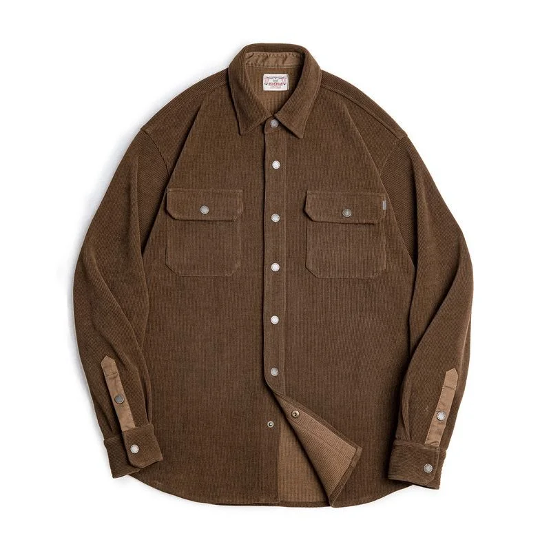 Men's Vintage Heavy Knitted Striped Shirt Jacket Corduroy Lapel Jacket