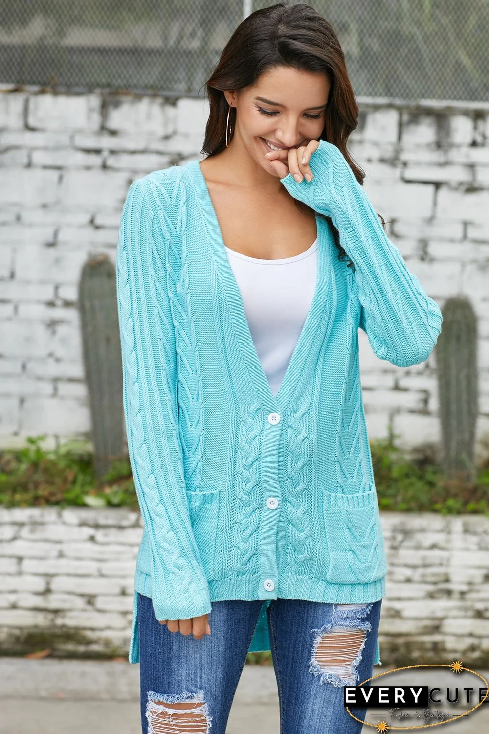 Blue Button the Deep V Front Cable Sweater Cardigan