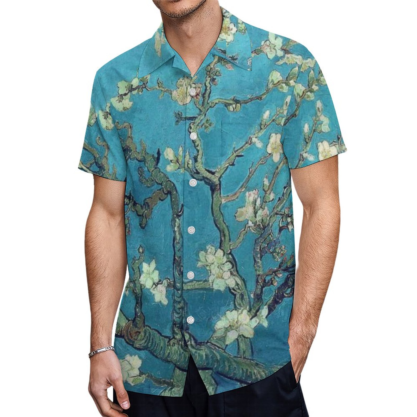 Van Gogh Branches Of Flowering Almond Tree Hawaiian Shirt Mens Button Down Tropical Hawaii Beach Shirts