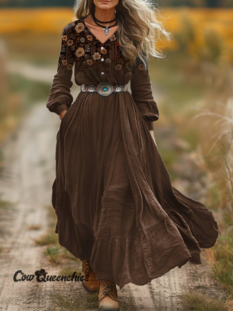 Women’s Brown Flower Print V-Neck Button Pocket Cotton Dress Multicolor / S