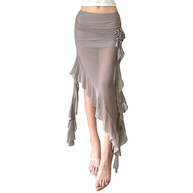 Uveng 2024 Summer New Women's Net Yarn Bag Hip Three-Dimensional Flower Body Irregular Side Half Skirt
