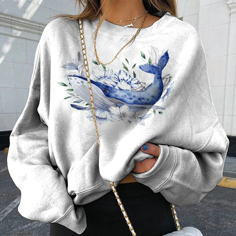 Sweatshirt mit Rundhalsausschnitt und floralem Wal-Print