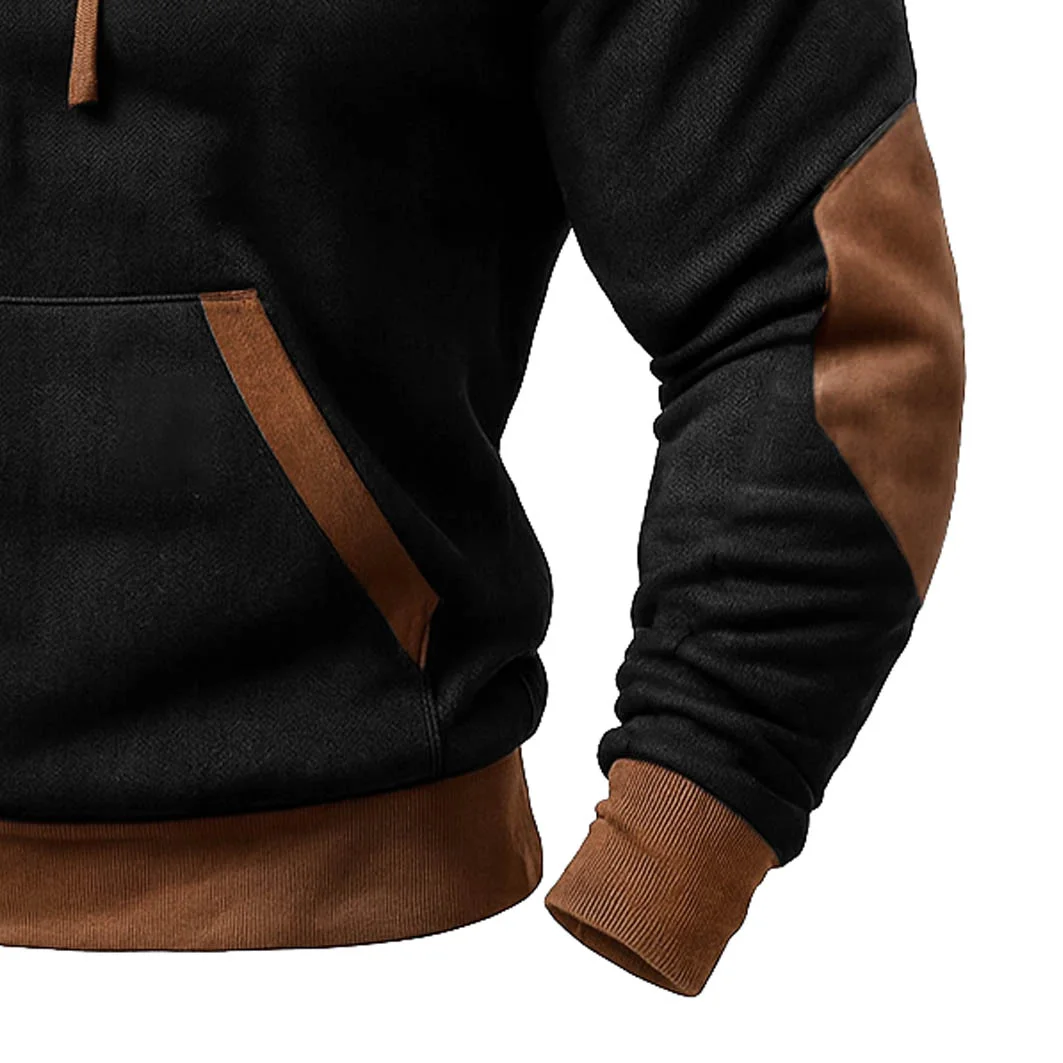 Men's Vintage Western Cowboy Embroidered Black And Suede Brown Color Block Hoodie