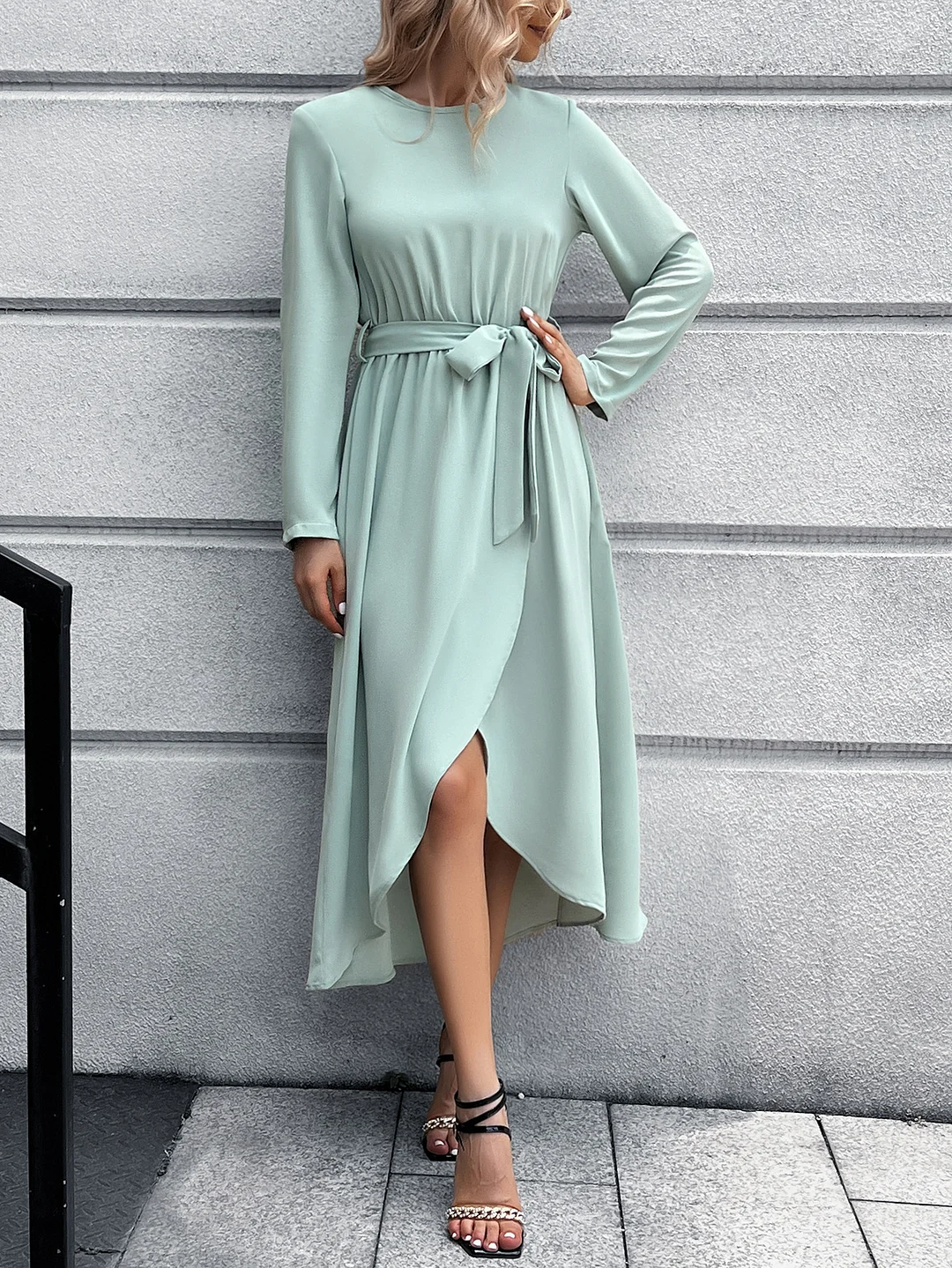 Elegant Fashion Hem Split Dress For Women Spring Dresses Solid Color Lace Up Skinny Long Sleeve A-line Midi Dress
