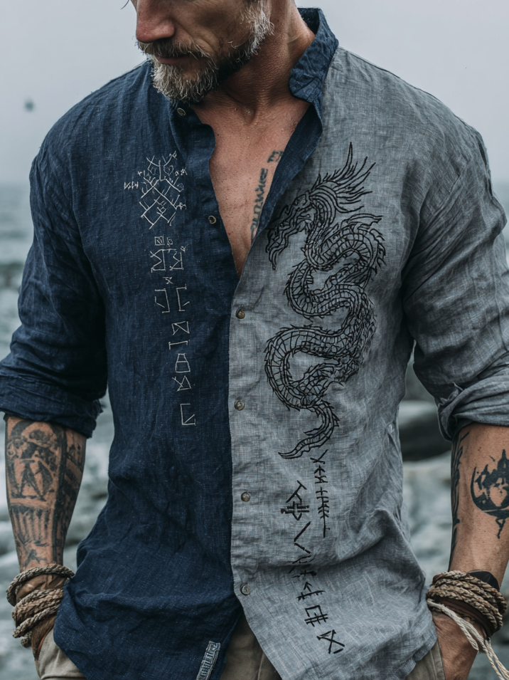 Men's Viking-Inspired Mythology Dragon Retro Two-Tone Linen Long Sleeve Shirt / Rvogue / Rvogue