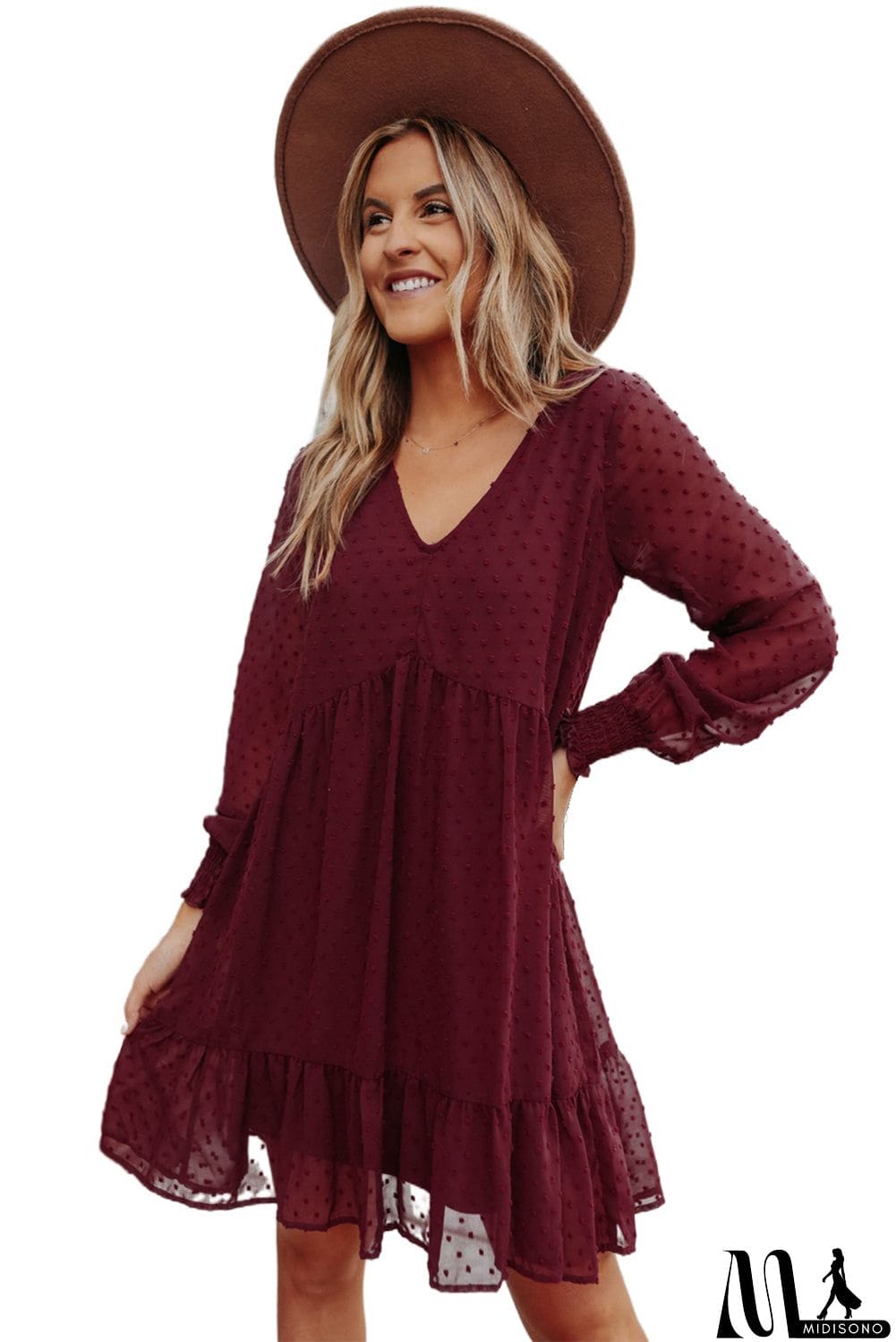 MidiSono - V-Neck Dotted Burgundy Empire Dress