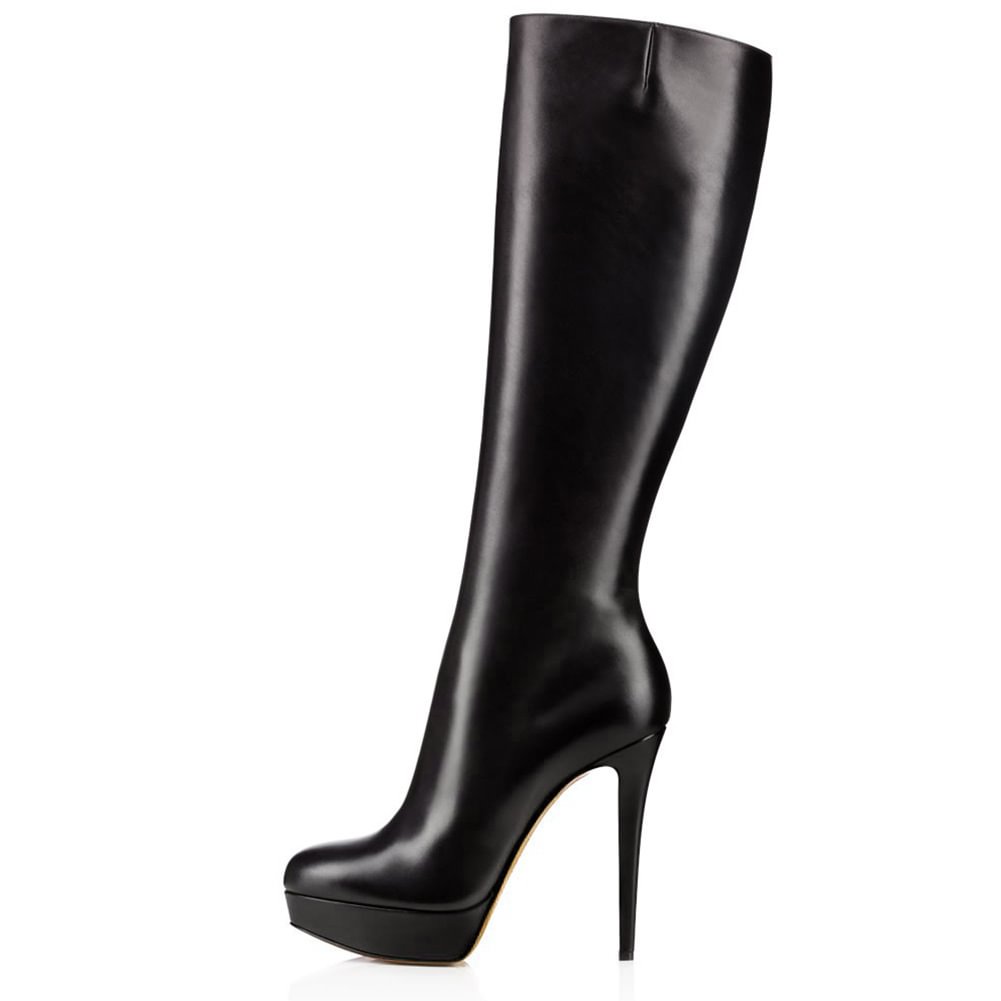 Women's Black PU Leather Platform Boots Stiletto Heel Round Toe Zipper Mid Knee high Wide Calf Boots Novameme