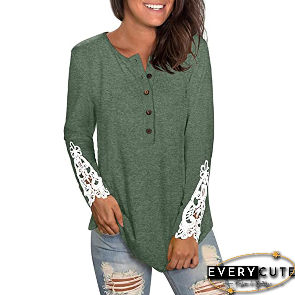 Green Button Up Lace Long Sleeve Top