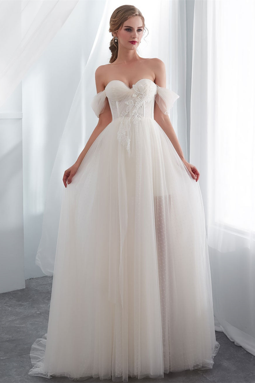 Oknass Chic Off-the-Shoulder Tulle Wedding Dress Long