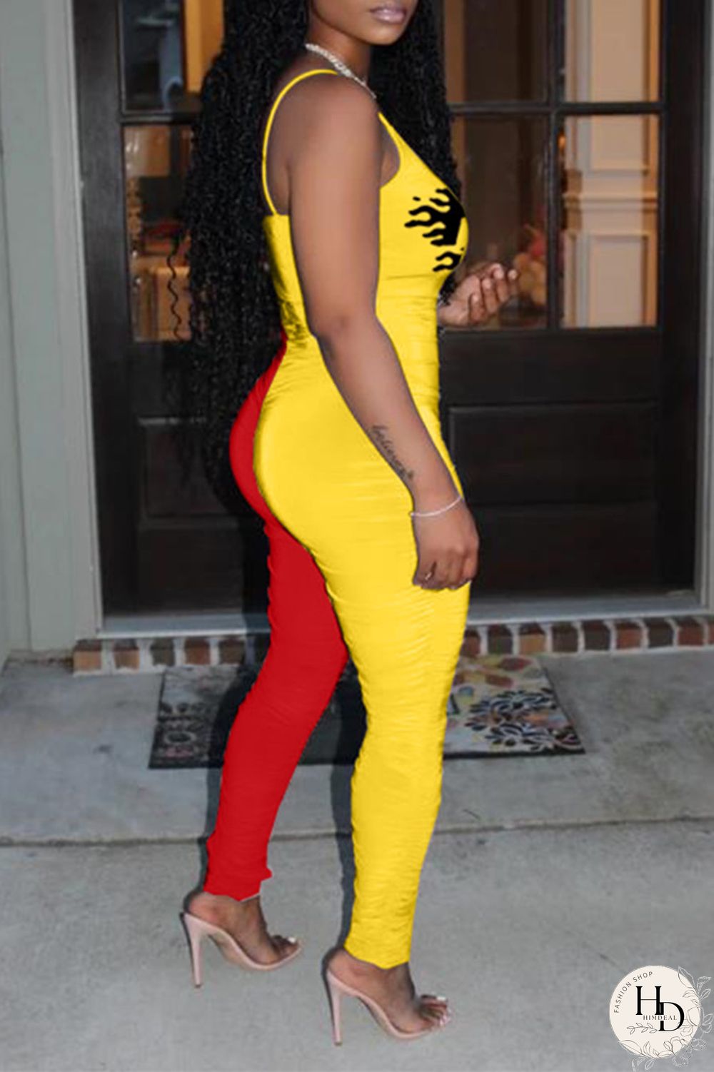 Yellow Purple Fashion Sexy Letter Print Split Joint Backless Fold O Neck Skinny Jumpsuits